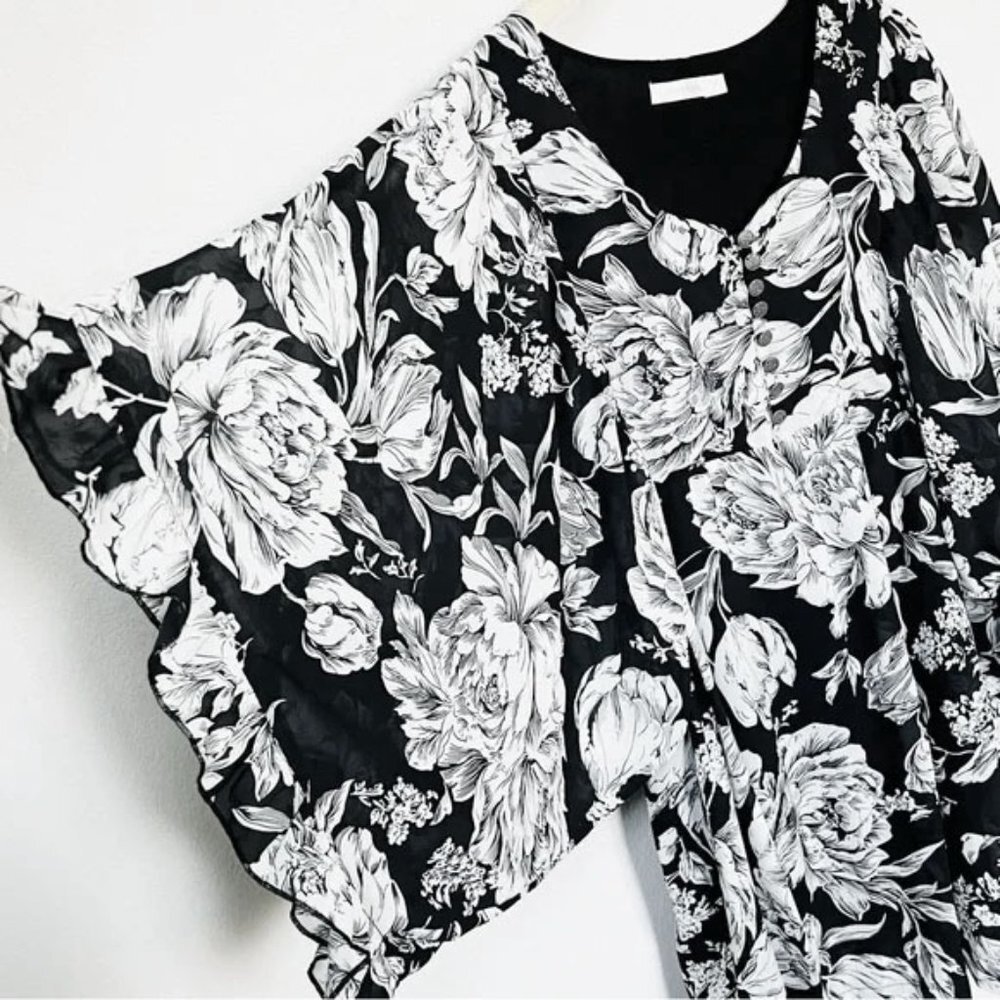 MINKPINK Women's Black Floral V Neck Flutter Kimono Ruffle Sleeves Mini Dress 10 - Picture 10 of 14